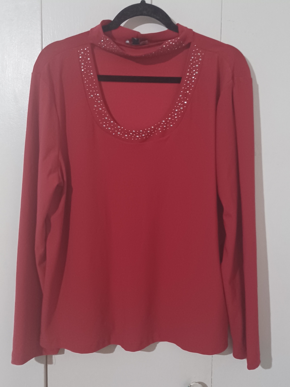 Women's Long-Sleeve Red Top with Embellished Scoop Neck